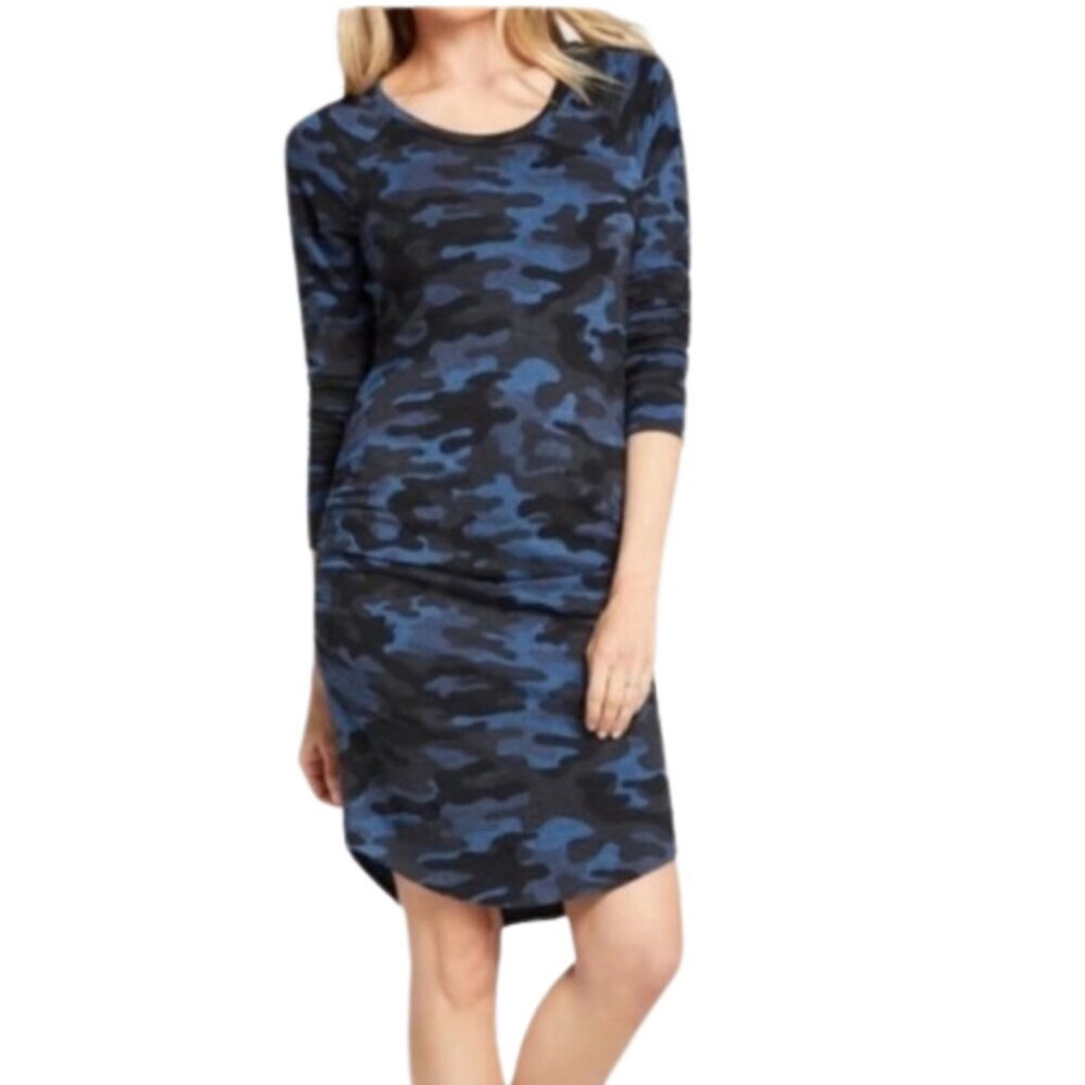 Sundry Side Ruched Sweatshirt Dress in Blue & Black Camo Sundry 1 | Size Small
